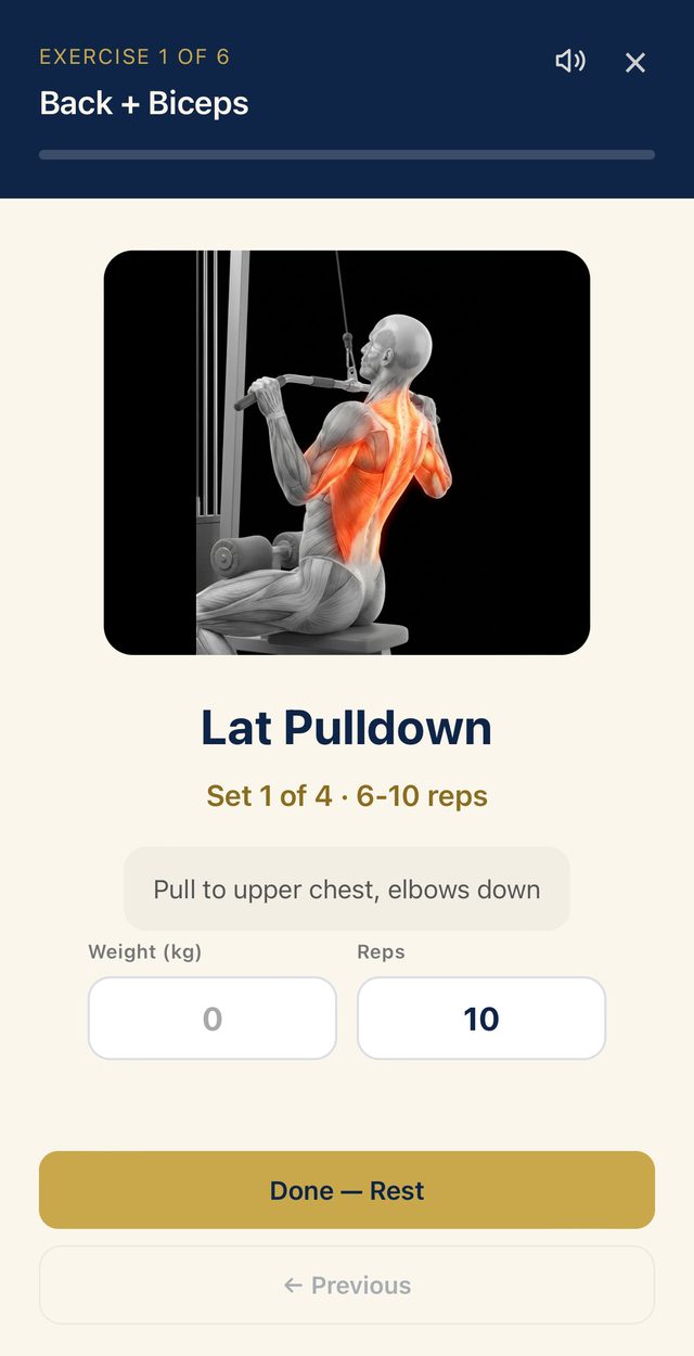 AGUNA app exercise screen with the 3D lat pulldown demo with the working back muscles highlighted, one form cue, weight and reps counted