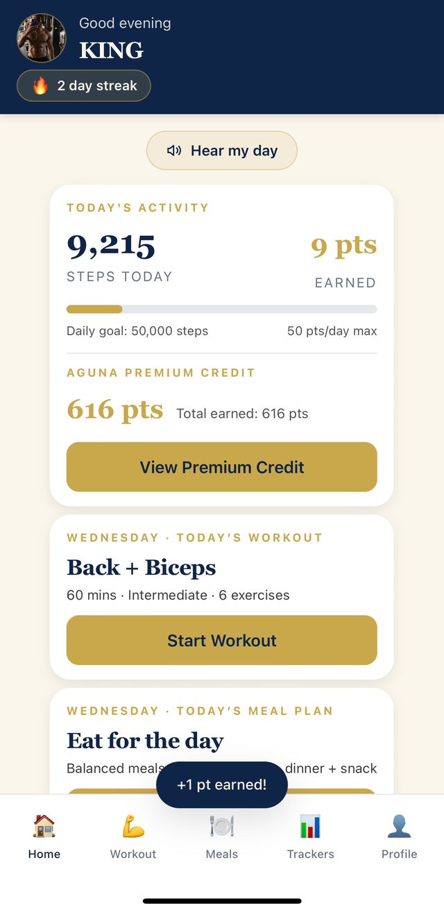 AGUNA home screen with today's workout, meal plan, step points and Premium Credit already planned with the user's name