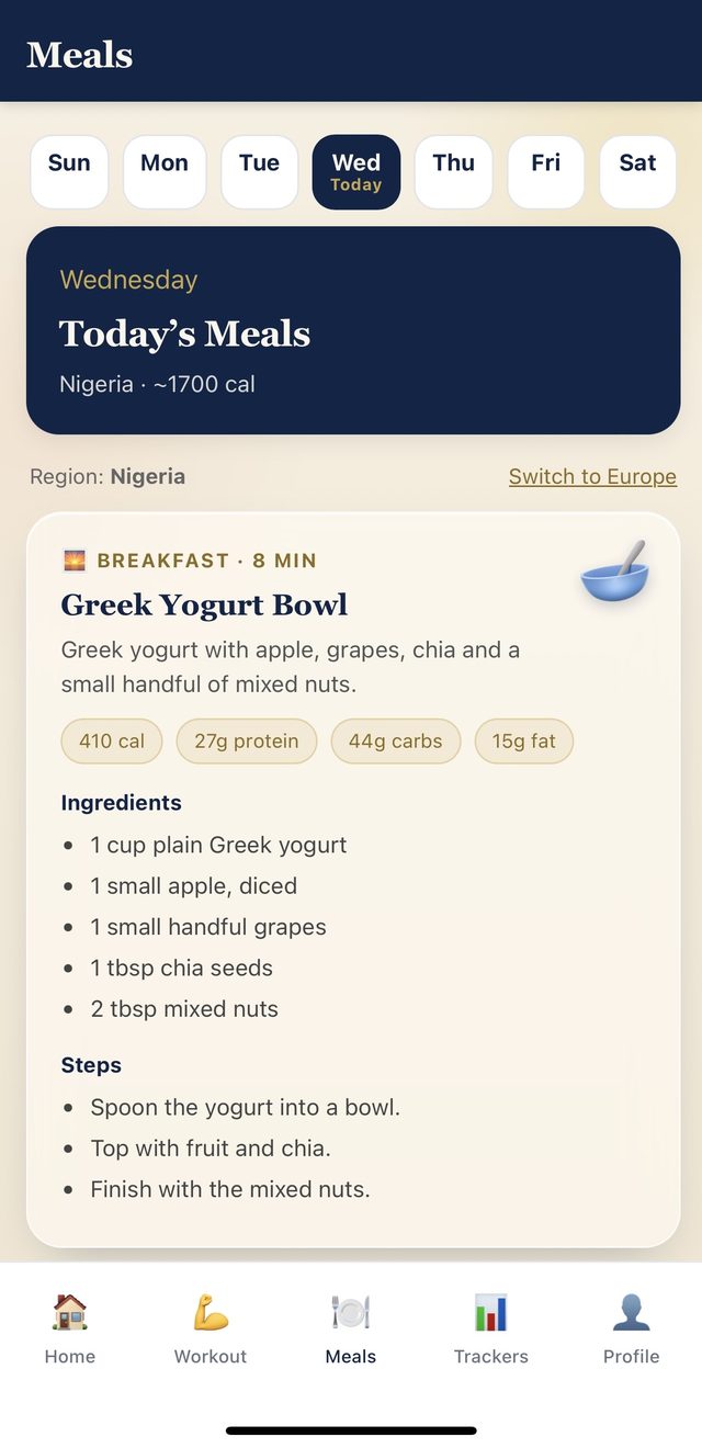 AGUNA Meals tab set to Nigeria, with a daily plan of calories, protein, carbs and fat plus ingredients and cooking steps