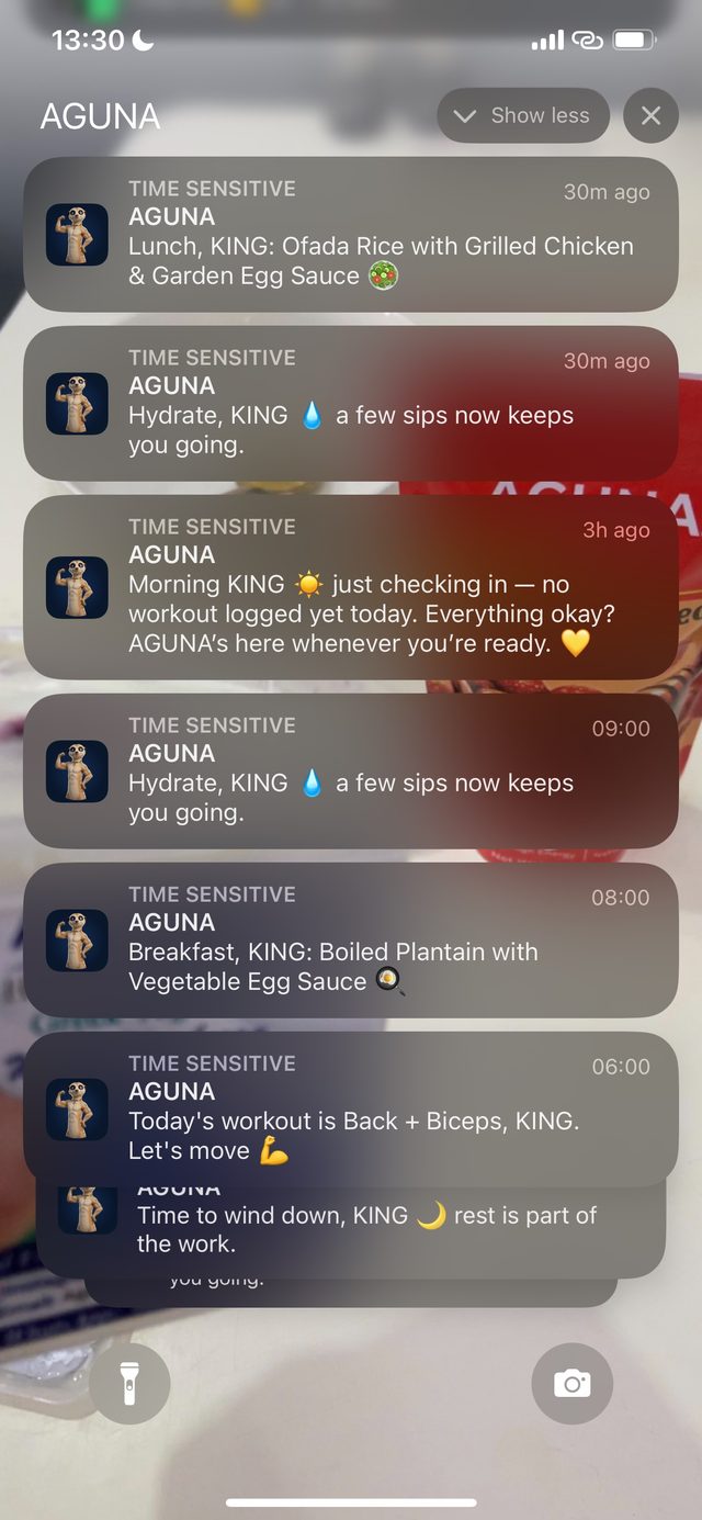 AGUNA meal reminders on iPhone showing Ofada rice with grilled chicken and garden egg sauce for lunch, boiled plantain with vegetable egg sauce for breakfast