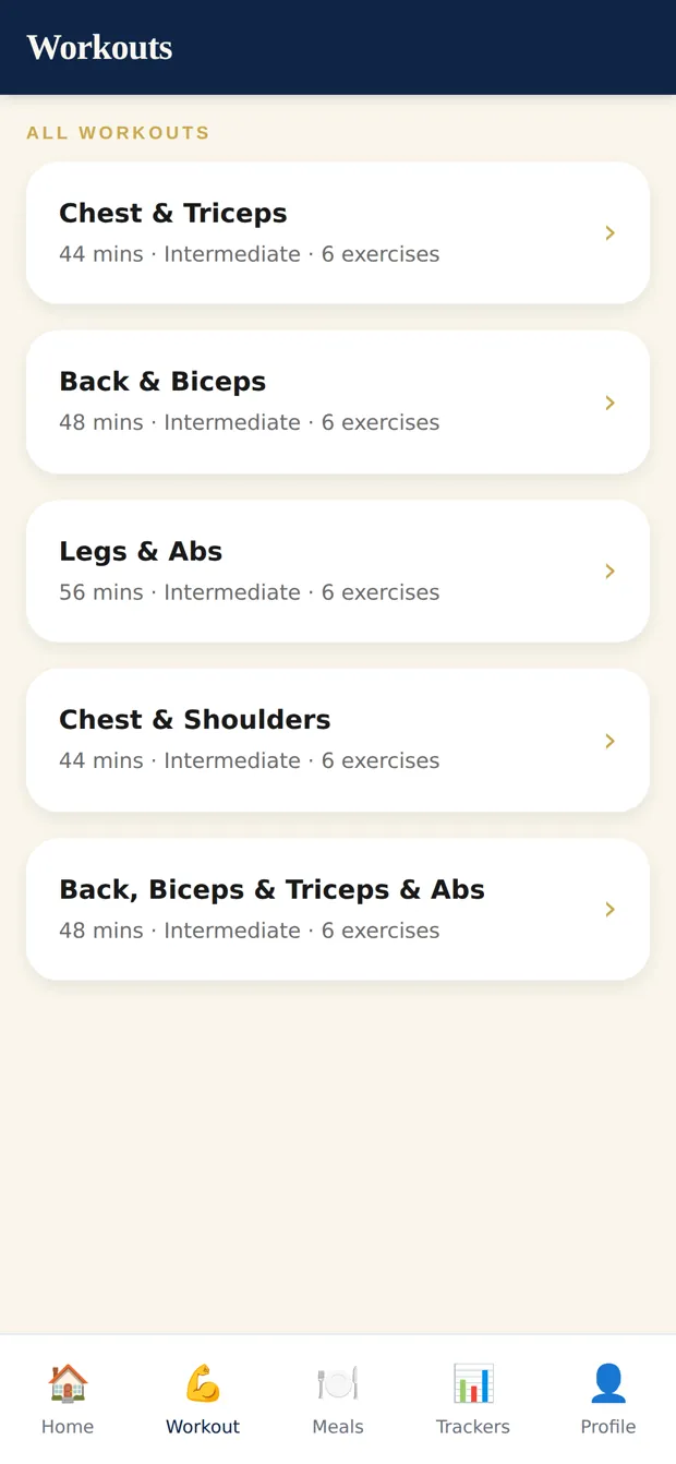 AGUNA workout catalogue listing every session with its length, level and exercise count
