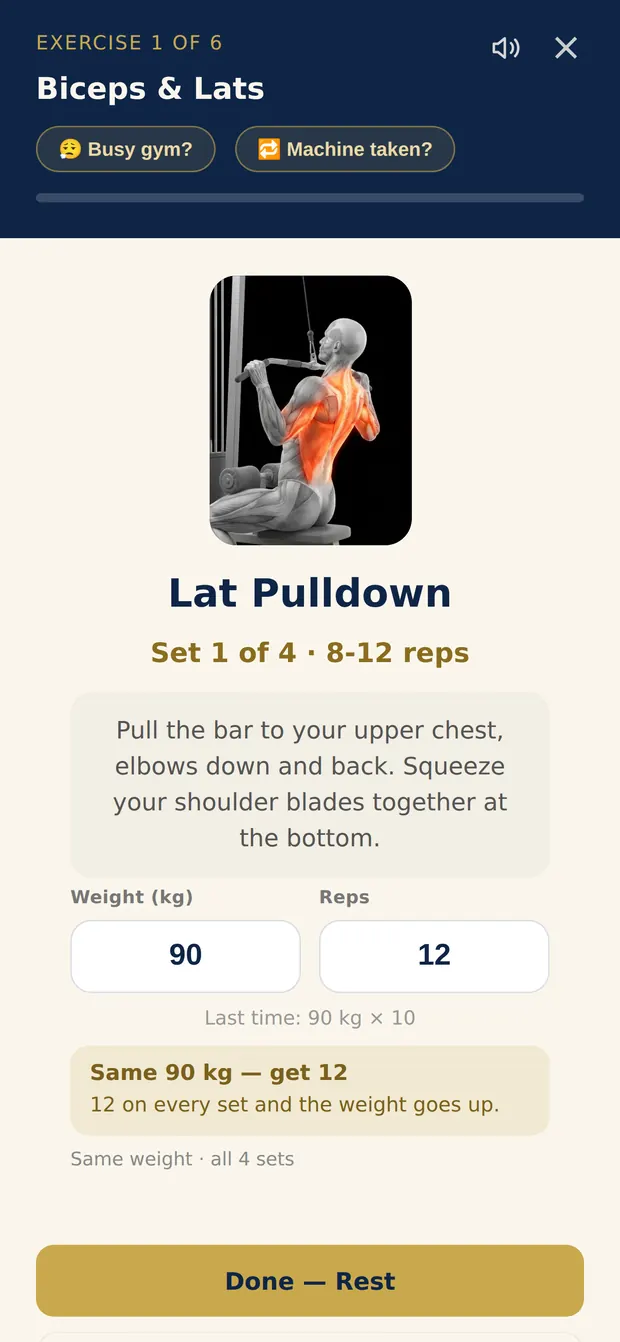 AGUNA guided workout screen with an exercise illustration, set logging and last week's numbers