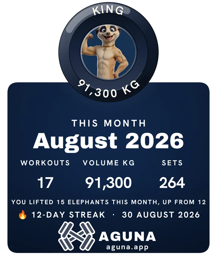 An AGUNA month card: August 2026, 17 workouts, 91,300 kg of volume and 264 sets, each one compared with the month before.
